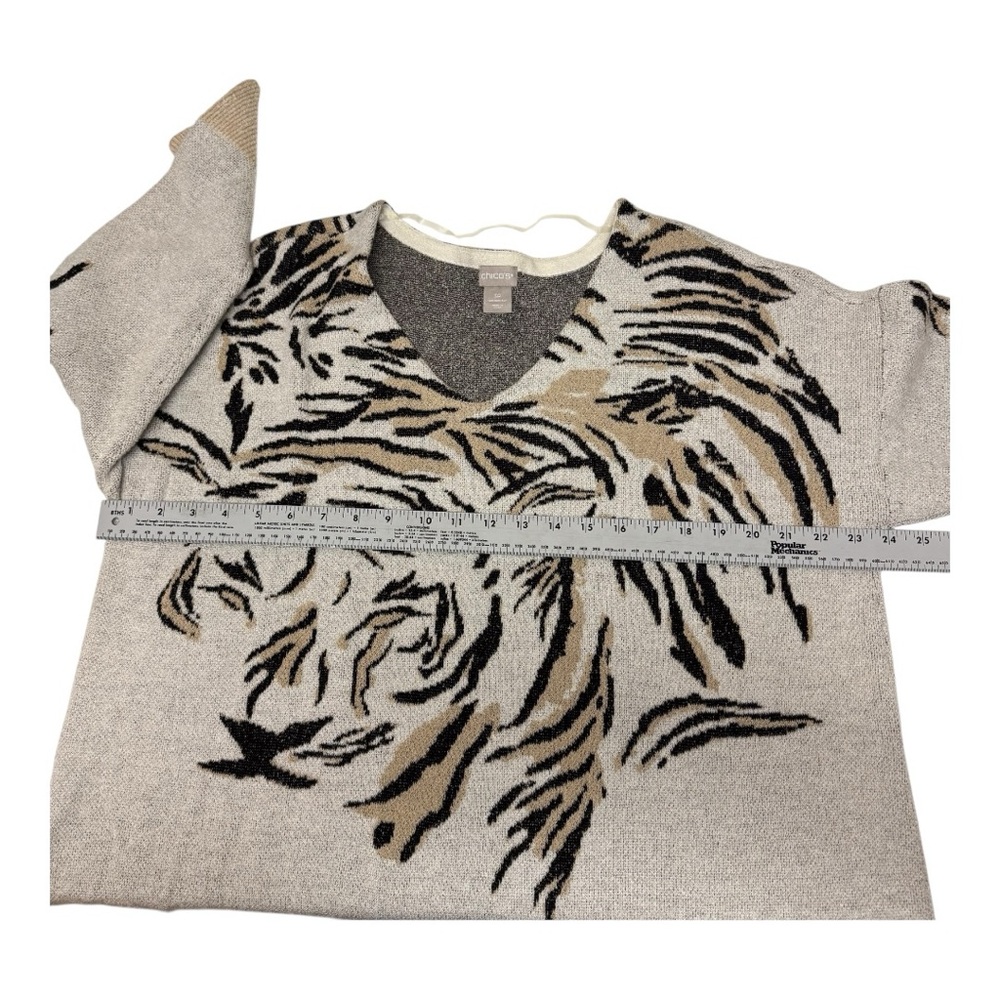 Chicos Tiger Graphic‎ Sweater Women 3P XLP Beige V-Neck Intarsia Knit Tunic - Picture 7 of 8